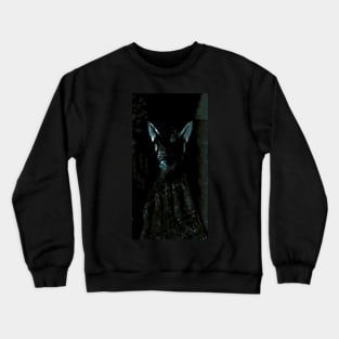 Digital collage, special processing. Strong, muscular men figure, arabian skirt, dark room. Demon. Gray and blue. Crewneck Sweatshirt